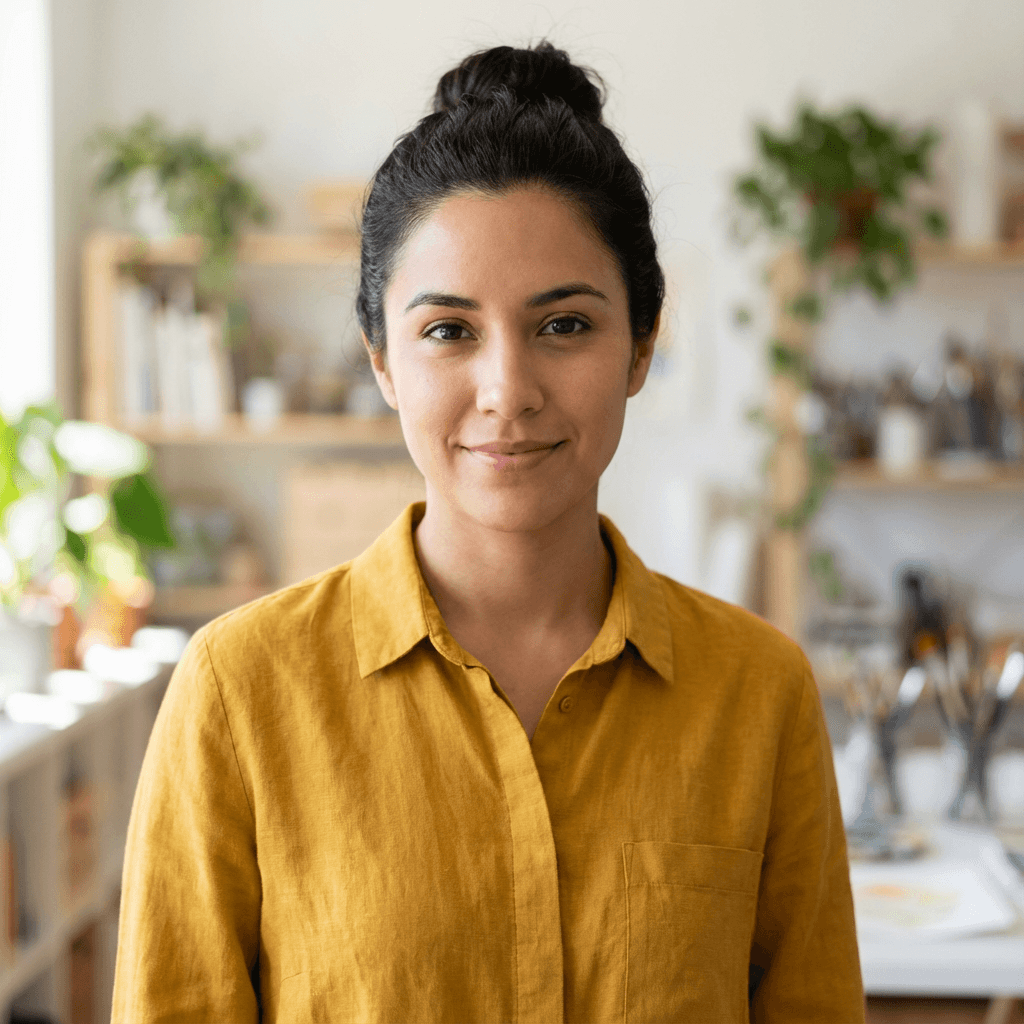 Sara Jimenez in a casual shirt by an SUV