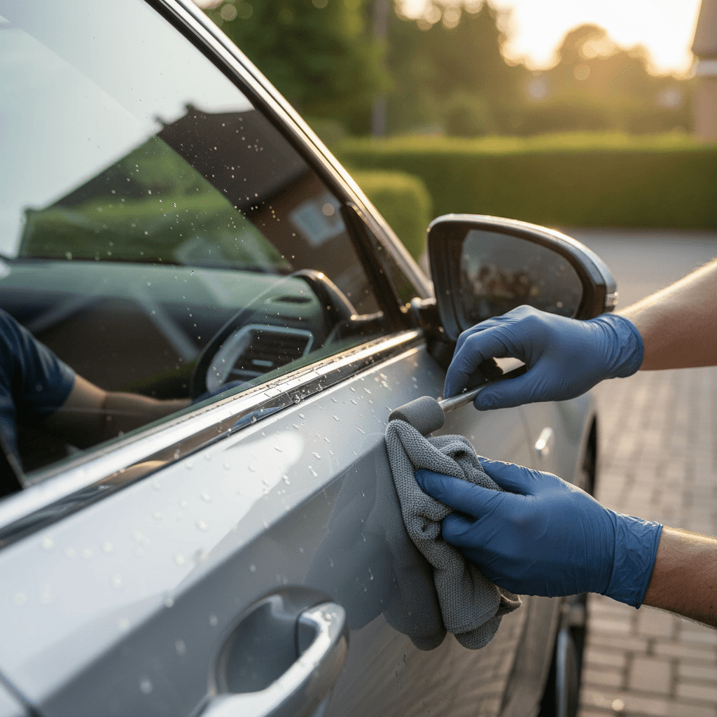 Detailer polishing a sedan in a San Diego driveway