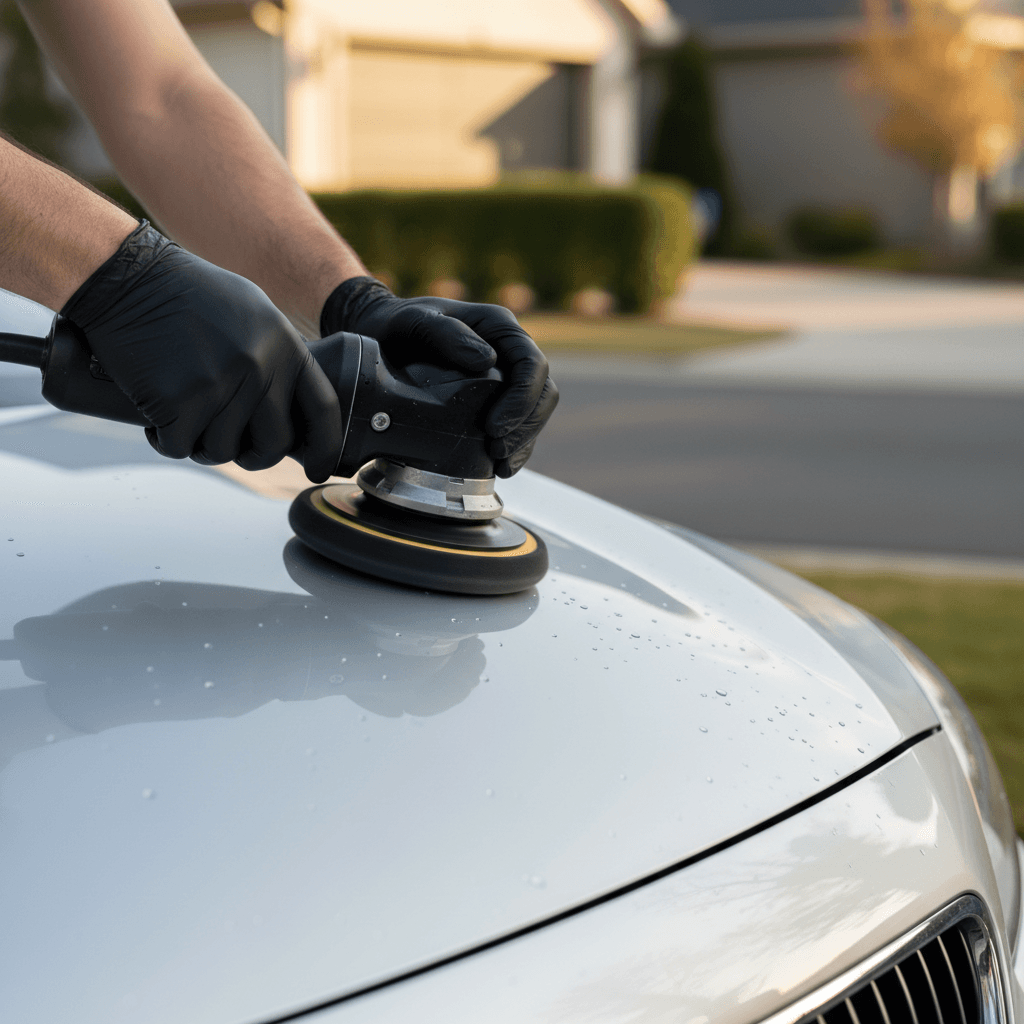 Detailer buffing a glossy car door in a San Diego driveway