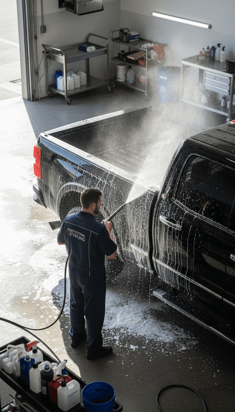 Truck with foam covering one side before rinsing